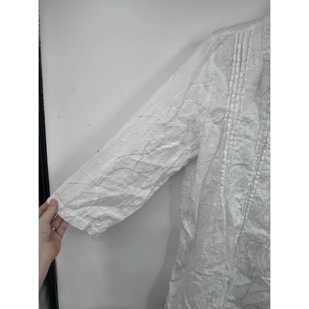 Kenar 100% Linen Shirt Women XL White Embroidered Roll Tab Sleeve Coastal Beach - Picture 6 of 8
